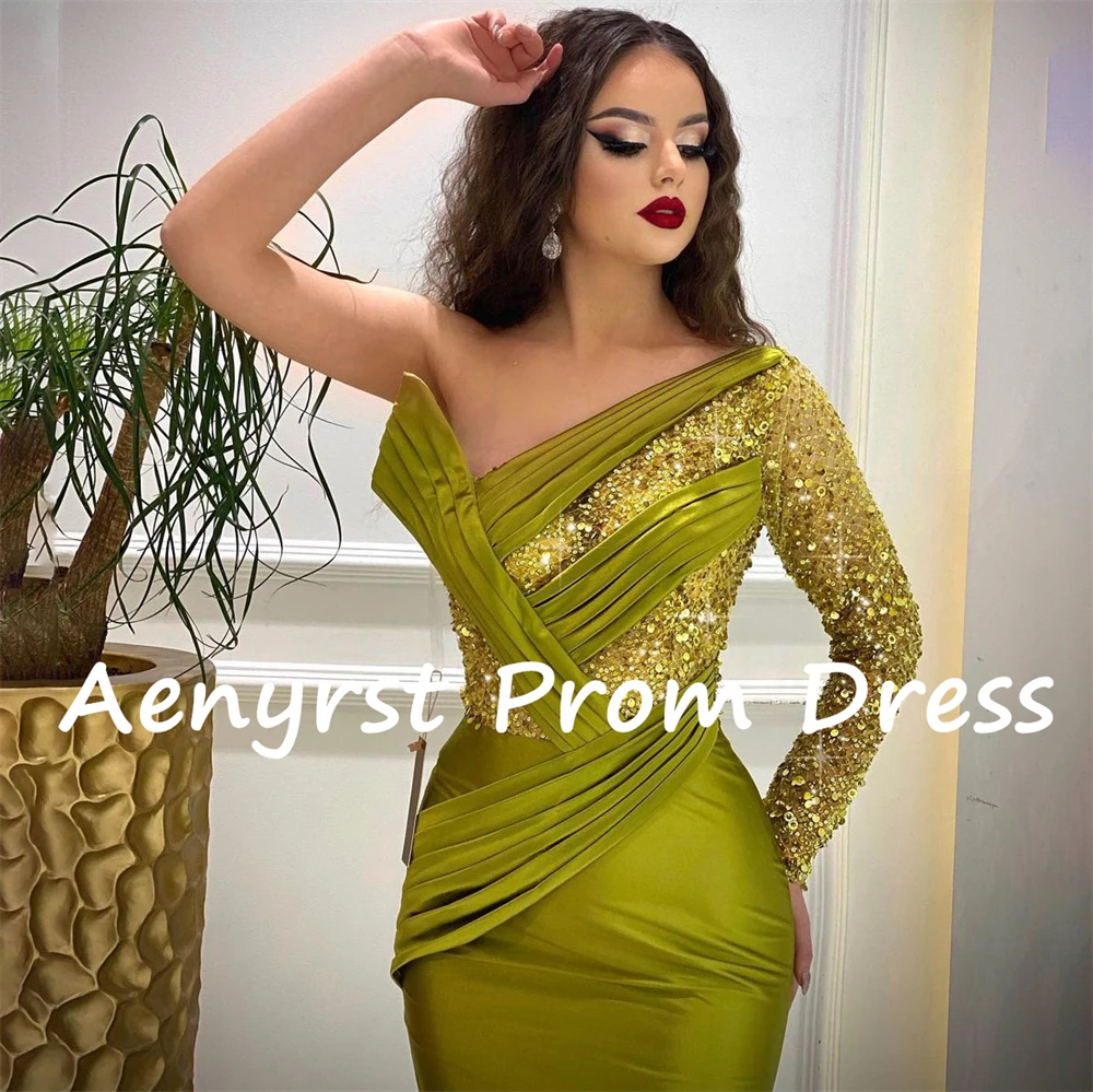 Aenyrst Een Schouder Met Lovertjes Saudi Arabia Avondjurken Zeemeermin Geplooide Bodycon Prom Dress Vloerlengte Formele Feestjurken