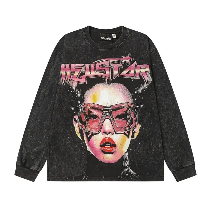 Hellstar Washed Vintage Print High Street Casual US Streetwear Loose Long Sleeve Tee Unisex Men Women Niche Base Layer