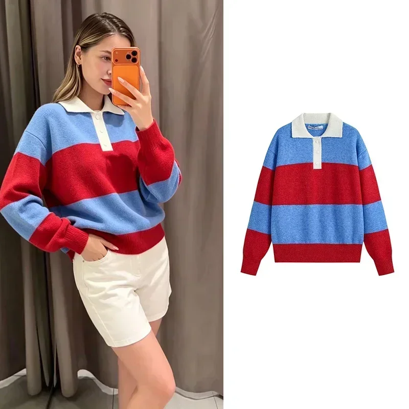 2026 New Autumn Women's Sweater Pullover Chic Striped Loose Young Women's Sweater Street Young Students Travel Holiday Sweater