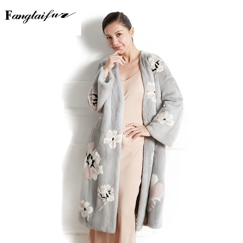 Ftangaiur Winter Import Velvet Mink Fur Coat V-Neck Floral Loose Mink Coat Women Full Sleeve Long Natural Real Mink Fur Coats