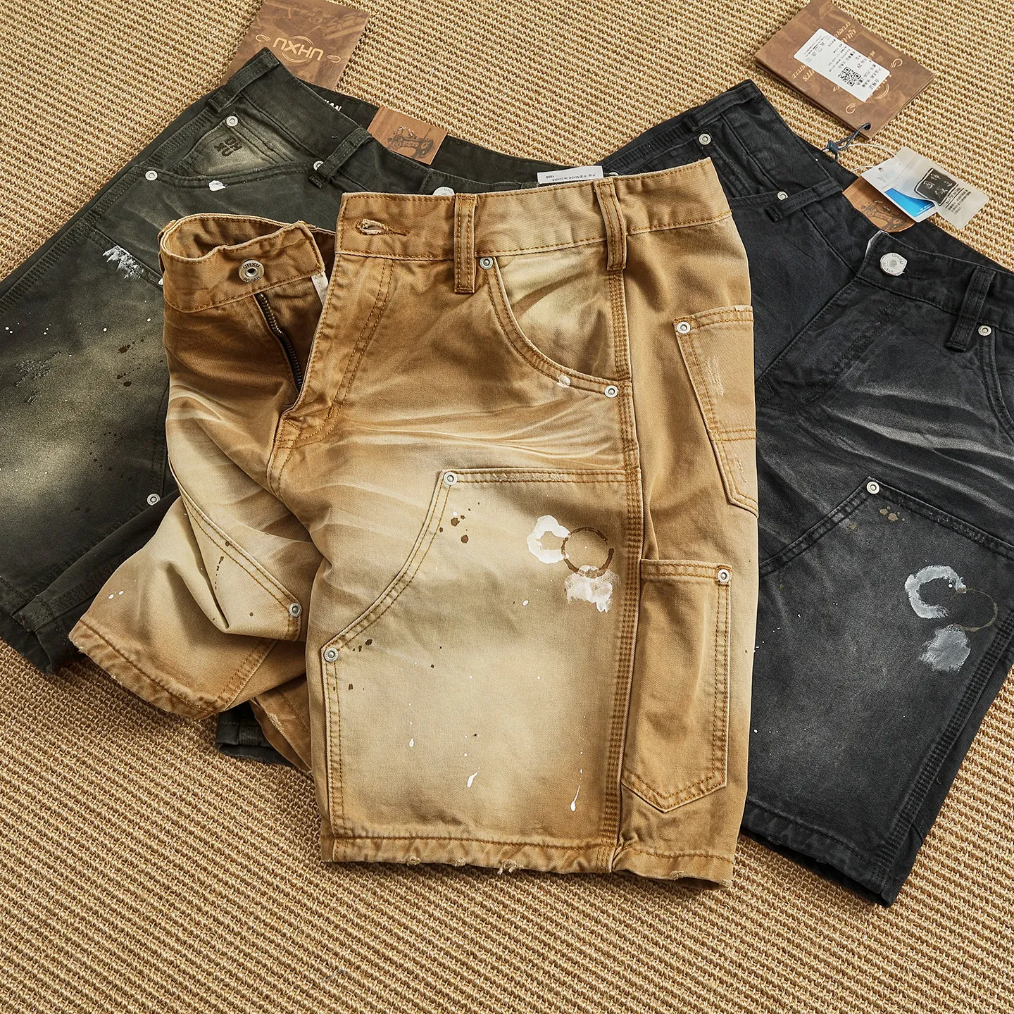 

Summer Heavyweight 100% Cotton Washed Cargo Shorts Gradient Washed with Paint Splatters Frayed Edges American Retro Logger Pants
