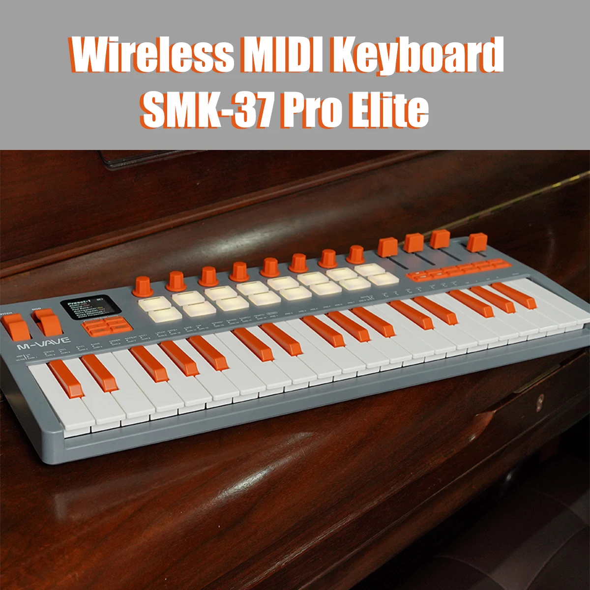 M-VAVE SMK-37 Pro Elite Portable MIDI Keyboard – 37 Keys, Built-in FM Synth, 16 Pads, 10h Battery, Grey-Orange Edition
