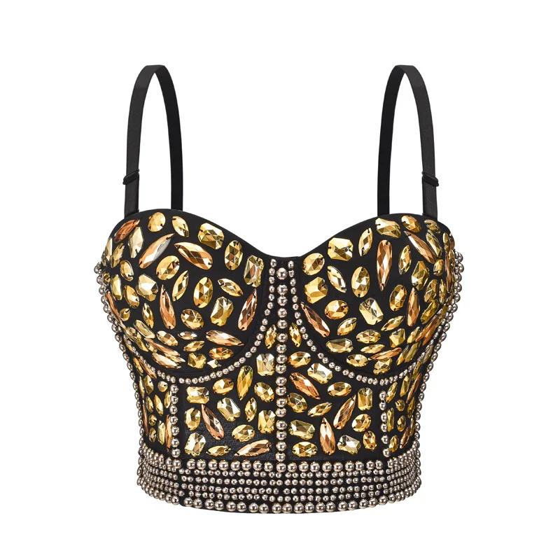 Gold Beads & Rhinestone Bustier Crop Top Women Underwear Sexy Push Up Bra Stage Party Club Rock Rave Luxury Bralette With Straps