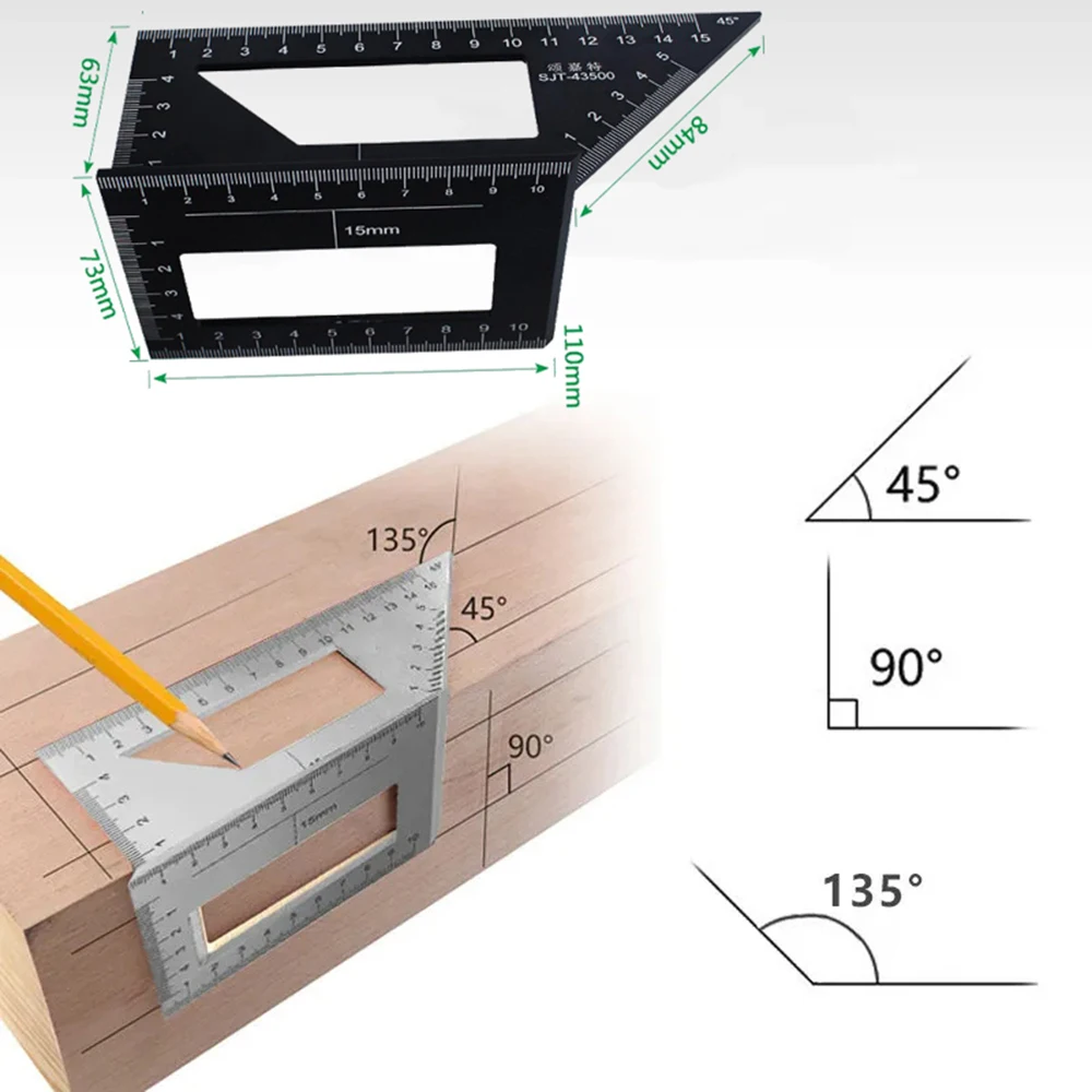 Alumínio Alloy Woodworking Angle Ruler, 45, 90 Graus, Medidor Multifuncional, Tirangular, Ferramentas de Medição
