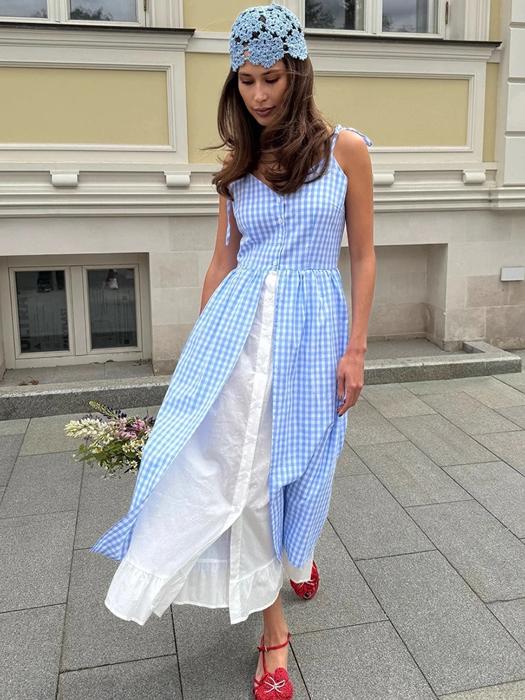 

Trendix 2026 Summer Plaid Dress Fashion White Blue Patchwork Side Slit Long Dresses Vacation Casual Party Club Beach Slip Dress