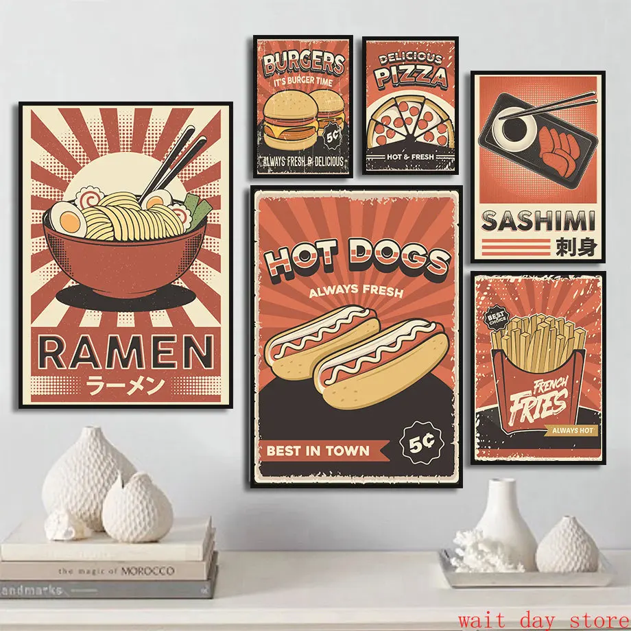 Retro Japanese Food Posters Ramen Sashimi Sushi Fries Popcorn Burger Canvas Painting Teriyaki Pizza Wall Picture Kitchen Decor