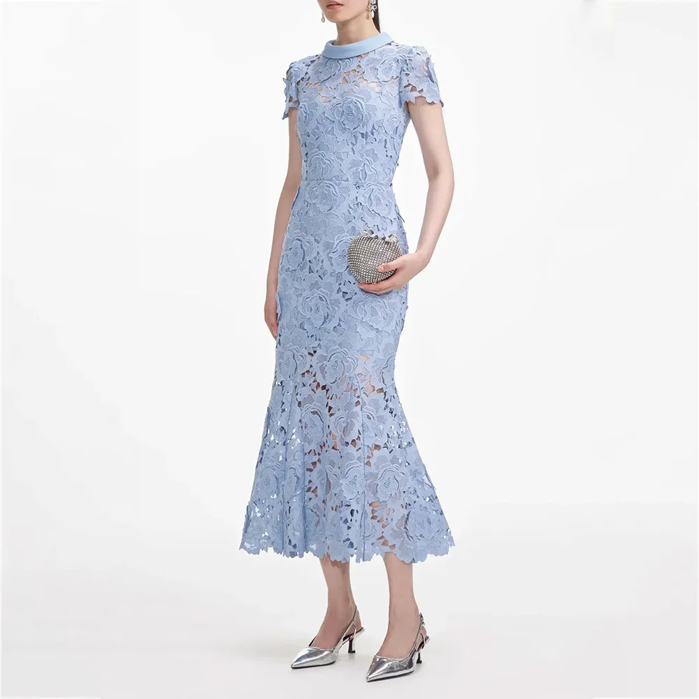 Printemps été 2025 nouvelle brume bleu col haut ort Sve soluble dentelle enveloppement corps Fi queue jupe Dr Ele taille haute Lon...