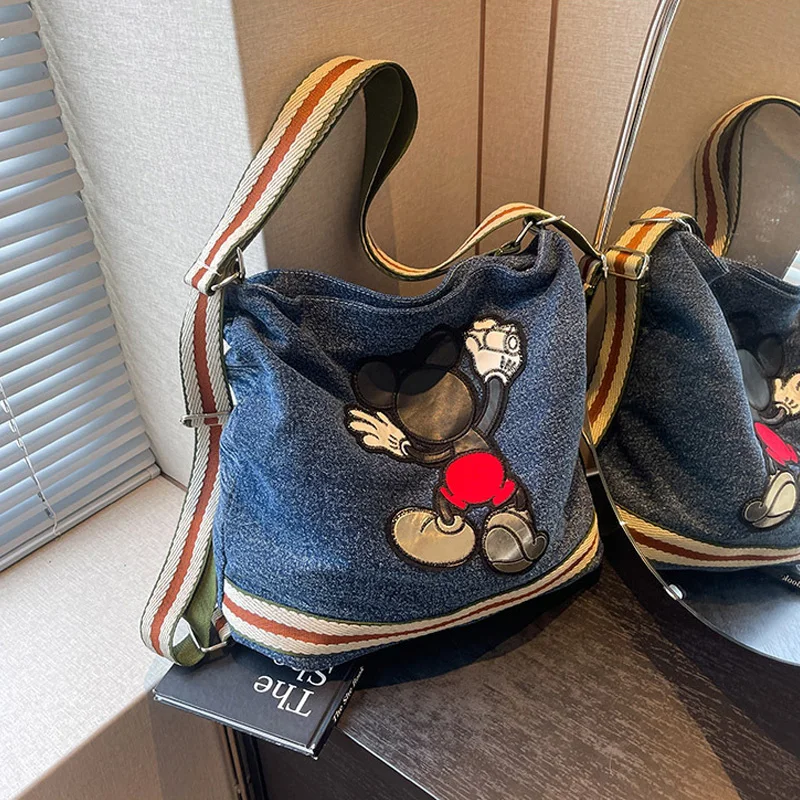 Disney Embroidery Back Shadow Mickey Women\'s Bag Fashion Lady Shoulder Bag Large Capacity Multifunctional Denim Canvas Handbag