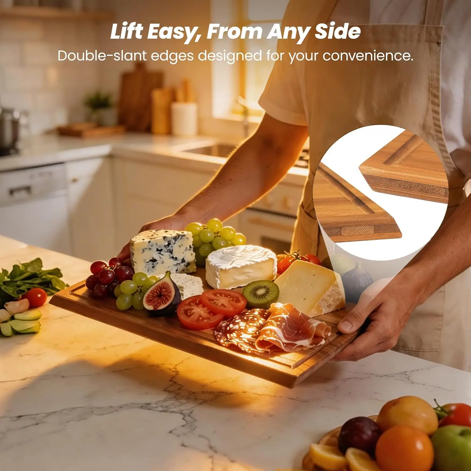 Bamboo Cutting Board Set With Stand, 3PCS Double-Sided Chopping Boards For Kitchen Meal Prep & Serving, Charcuterie, Juice Groov