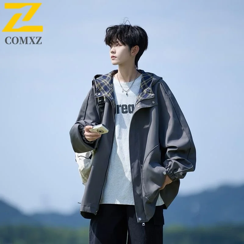 

COMXZ 2025 Мужская замшевая фланелевая куртка-рубашка из двух предметов, американская винтажная клетчатая куртка со съемным капюшоном, повседневное пальто