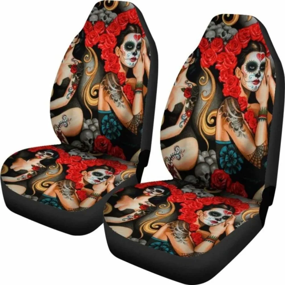 Set 2 Pcs Day Of The Dead Sugar Skull Car Seat Covers,Pack of 2 Universal Front Seat Protective Cover