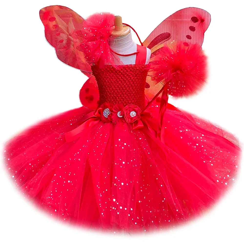 Girls Christmas New Years Costumes Red Sparkles Fairy Princess Dresses for Kids Carnival Outfit Princess Ballet Tutus with Wings