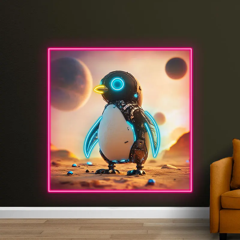 Futuristic Robot Penguin Neon Light Sign - Cute Sci-Fi Penguin Design with Glowing Details, Perfect for Kids' Rooms & Game Rooms