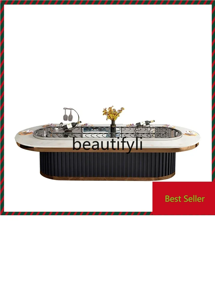 Electric rotating dining table and chairs oval rectangular rock slab dining table with hot pot turntable restaurant