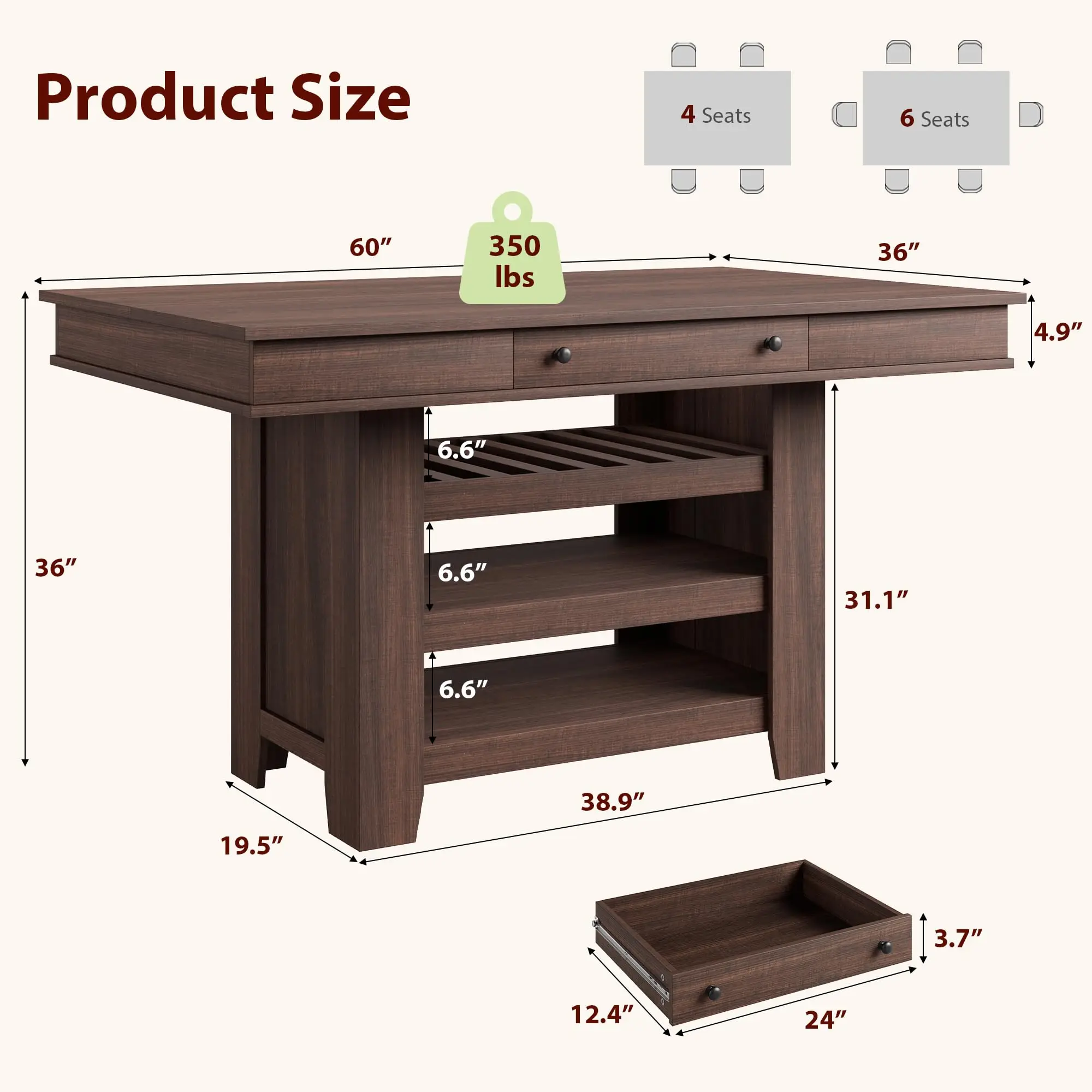 Counter Height Dining Table with 2 Drawers, 36