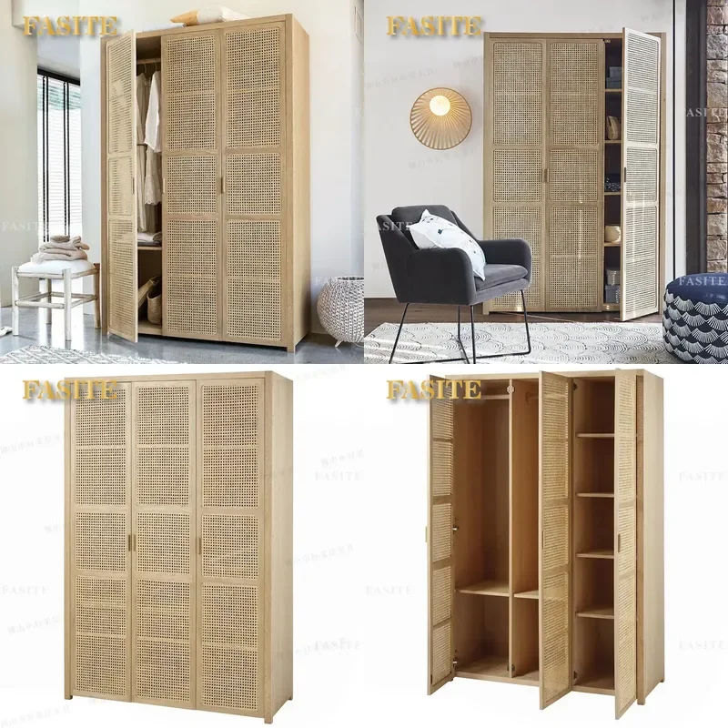 For Nordic Ash Wood Sliding Door Wardrobe Solid Wood Rattan Large Bedroom Locker Post Modern Furniture Storage Cabinet