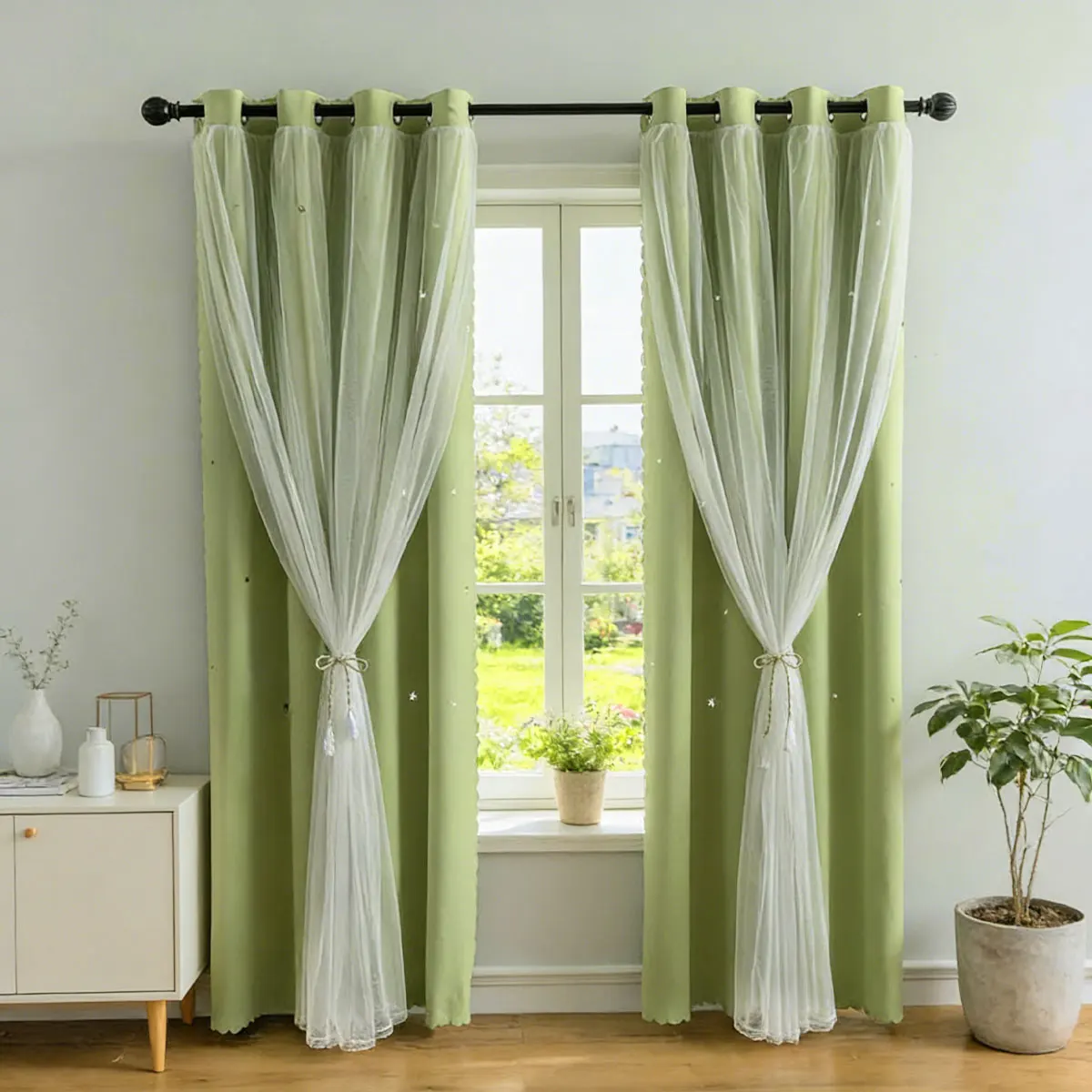 Green Star Double Layer Grommet Curtain, Hollow Blackout Sheer Drape for Universal Bedroom Fresh Balcony Decor