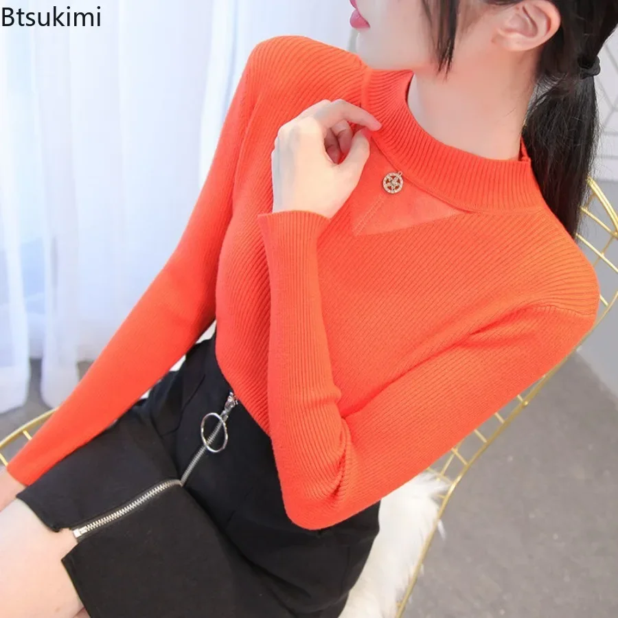 New 2026 Women's Warm Clothing Half High Collar Long Sleeve Solid Slim Fashion Casual All-match Hollow Out Knitted Sweater Tops