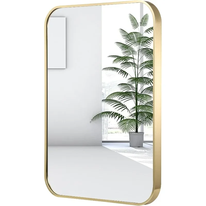 

24x36 Inch Gold Bathroom Mirror, Brushed Brass Gold Metal Framed Rectangular Mirror with Rounded Corner