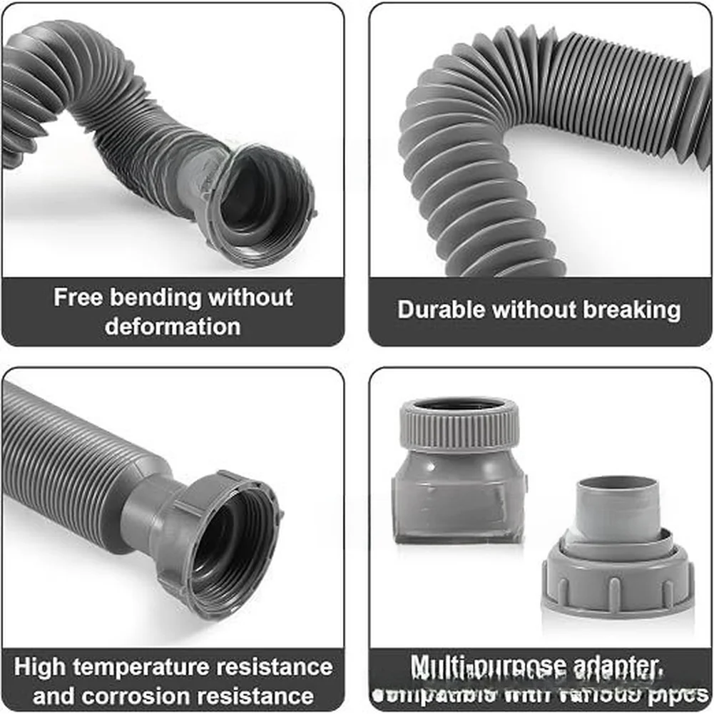 Adjustable Sink Drain Hose 15-42 Inch With Connector For Kitchen Bath Laundry Dishwasher Flexible Replacement Tube Gray