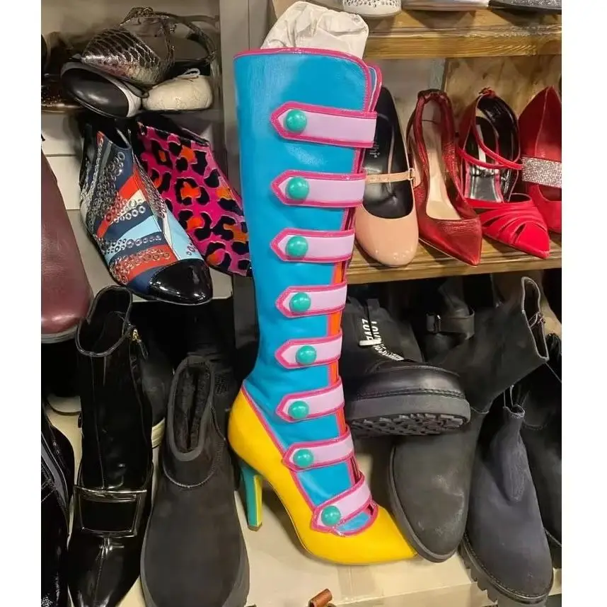 Colorful Knee High Boots Women Rainbow Multi Strap Button Mixed Colors Side Zip High Heel Shoes Lolita Stylish Long Boots