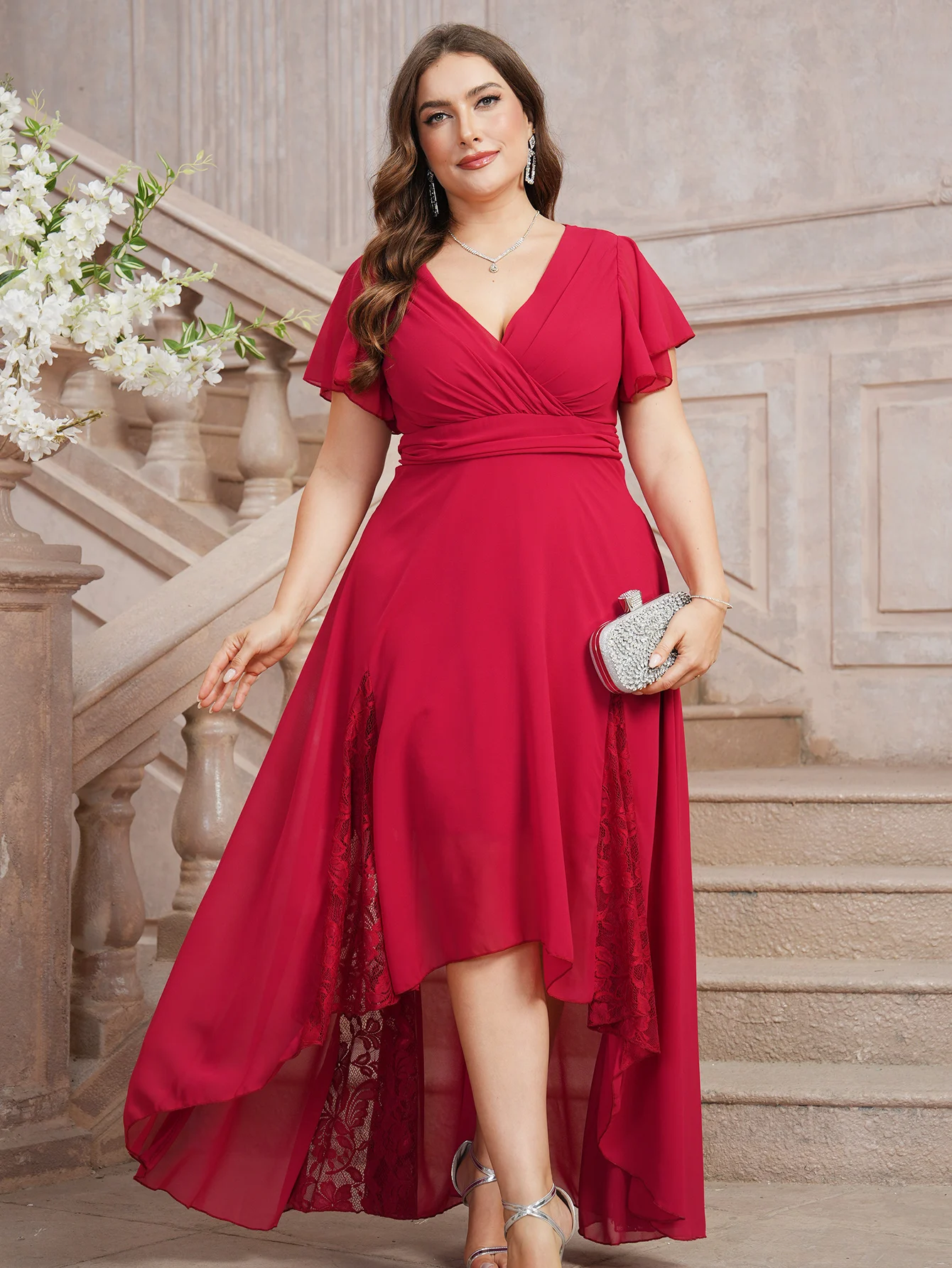 Ladies Plus Size Evening Gown V-neck High And Low Pleated Hem Floor Mopping 2024 A Chiffon Purple Red Bridesmaid Dress