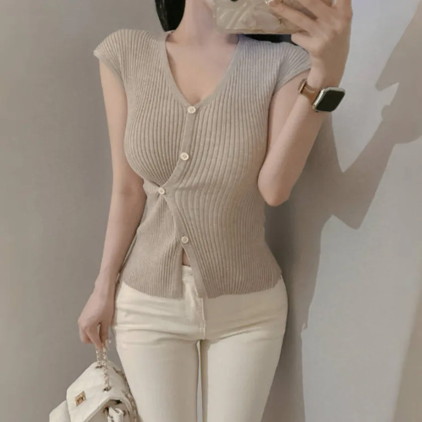 

Женский вязаный свитер с v-образным вырезом, облегающий топ East Gate Sle Pure Desire Faion с завязкой на талии и боковыми пуговицами, летнее новое поступление