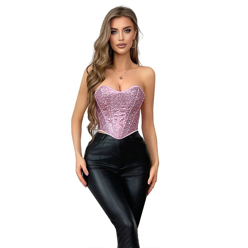 Pink Sequin Bustier Crop Top Summer Short Torso Overbust Corset Club Party Lingerie Corselet