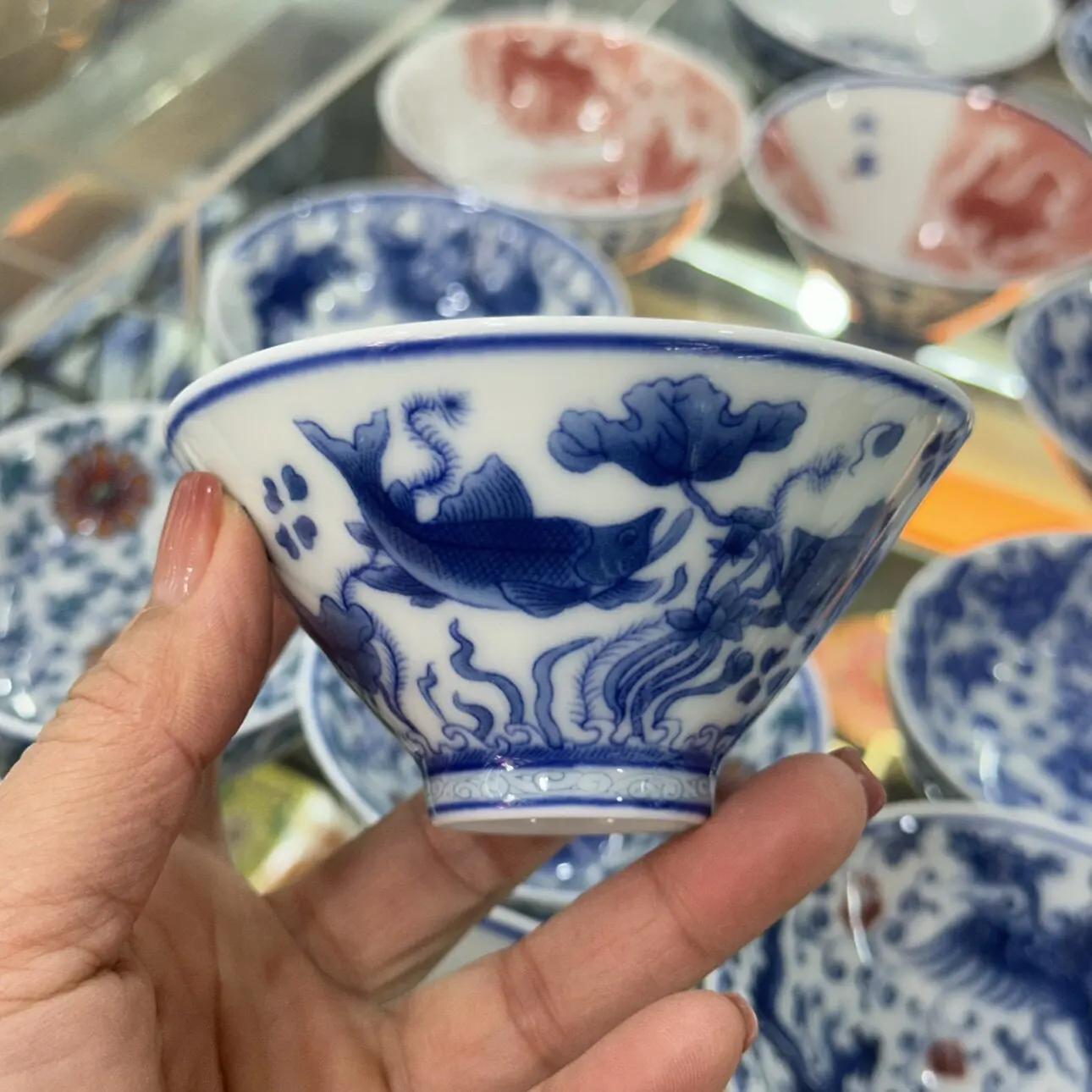 Blue and White Fish and Algae Bamboo-Hat Type Cup Personal Cup Cup Porcelain Set Single Cup Chinese Tea Cup Pu'er Cup