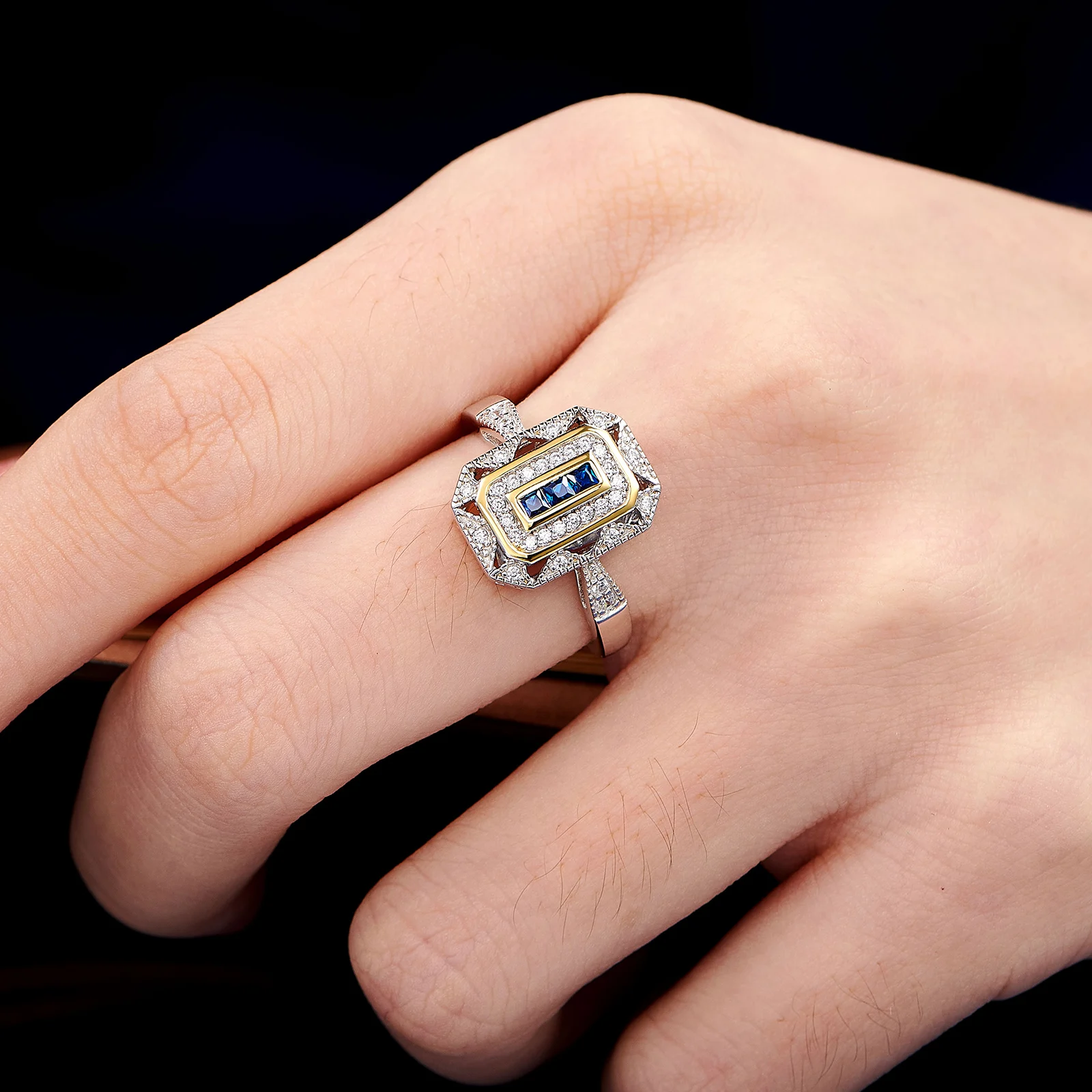 Newshe Vintage Engagement Wedding Rings for Women Real 925 Sterling Silver White & Gold Color Blue AAAAA Zircon Cocktail Ring