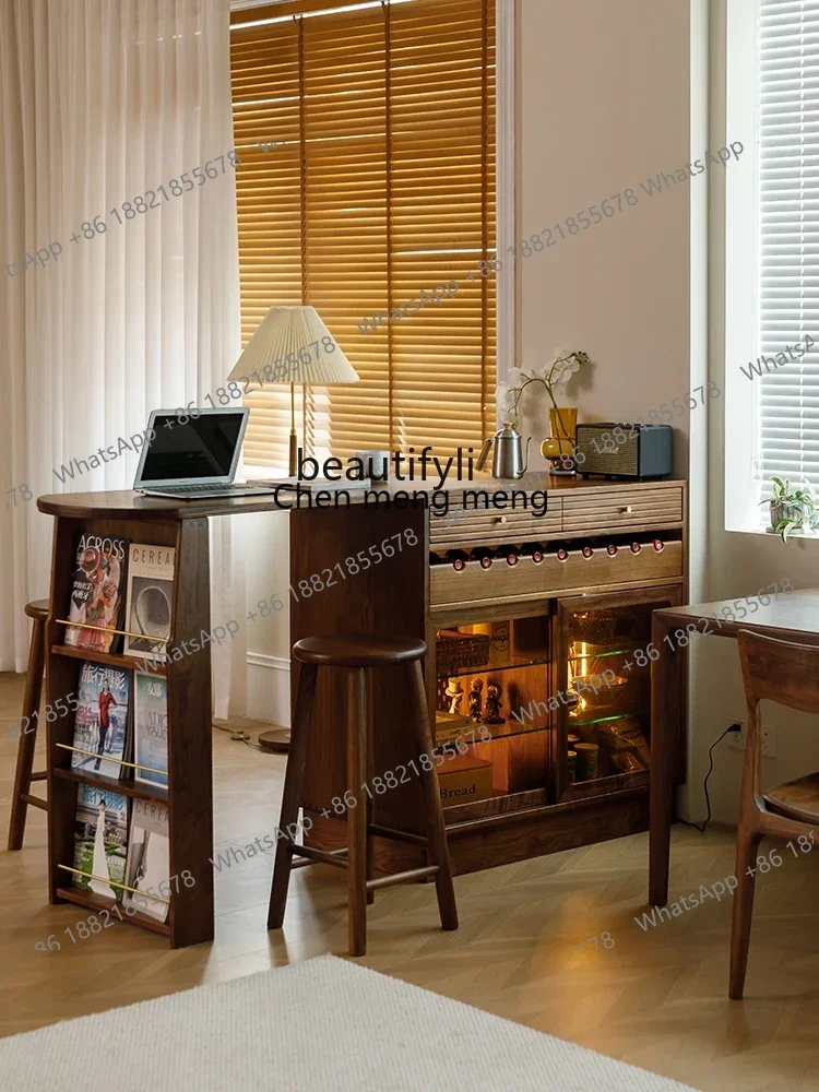 Black Walnut Zhongdao Taiwan Solid Wooden Liquor Cabinet Partition Sideboard Cabinet Storage Locker Home Retractable Bar Counter