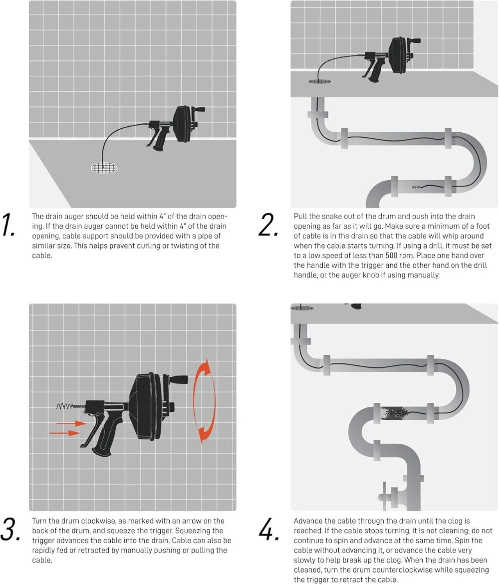 Tambor Auger com Saco De Armazenamento Incluído, Usado Manualmente ou Broca Alimentado, Auto Estender e Retração, Encanamento Snake, Luvas de Trabalho, 50 Pé