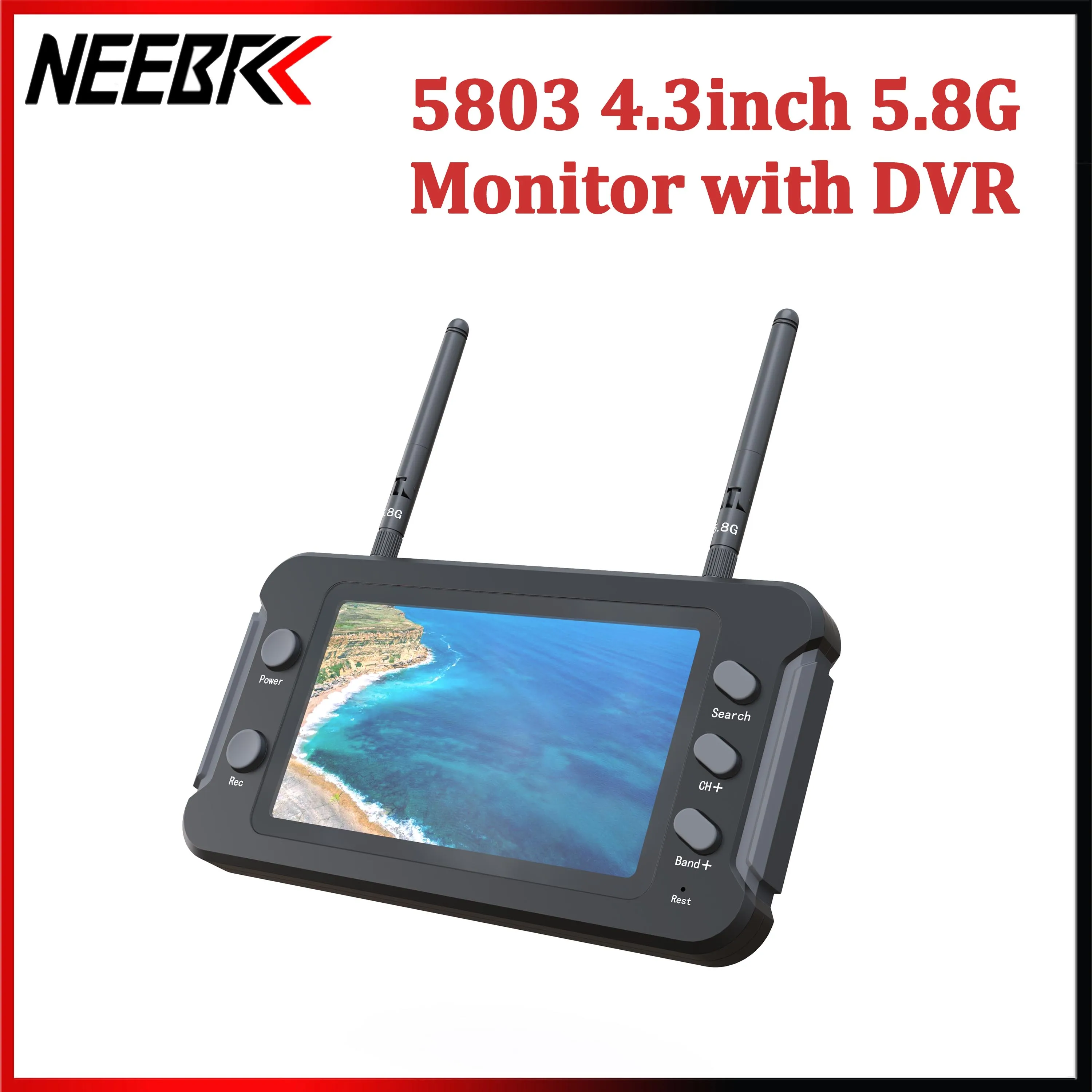 5803 5.8G 4.3 Inch FPV Monitor IPS 800x480 with DVR 40CH Dual Antennas LCD Screen Built‑in 1200mAh Battery 5‑23V for Drone FPV