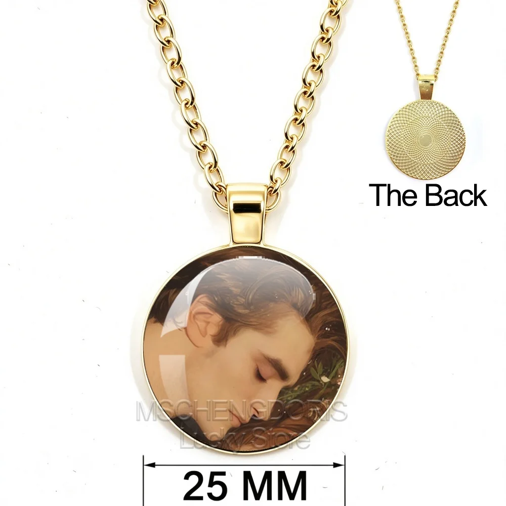 Character Bella Edward Golden Necklace Classic Movie Twilight Glass Cabochon Round Pendant Necklace Jewelry Fans Collection Gift