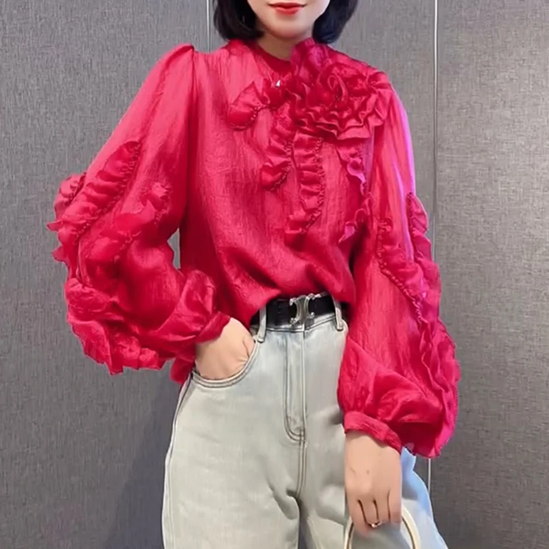 OCEANLOVE Chiffon Shirts&blouses Women Tops 3D Flowers Spring Summer Transparent Blusas Feminina Korean Fashion Retro Camisas
