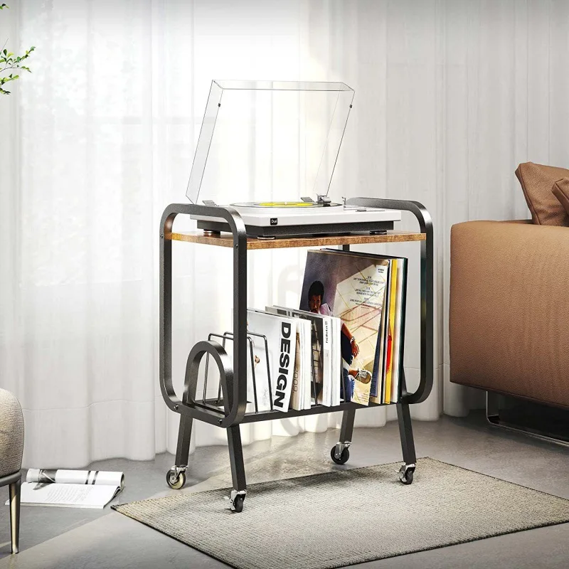 Home record player placement rack movable vinyl record rack iron and wood combined with small side table newspaper