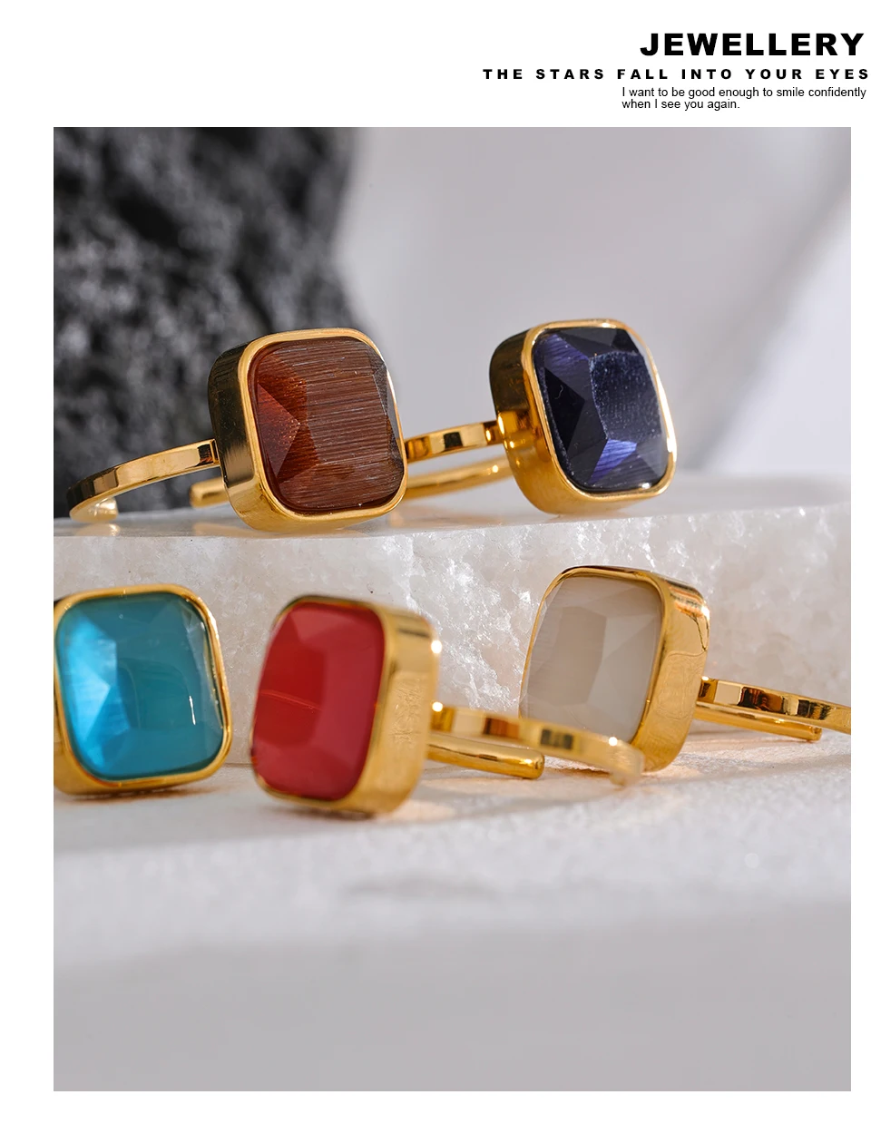 Yhpup Bunter Opal Natürlicher Katzenauge Stein Edelstahl Quadratischer Offener Ring Hochwertiger Rostfrei Goldfarbener Fingerschmuck – Detail 6