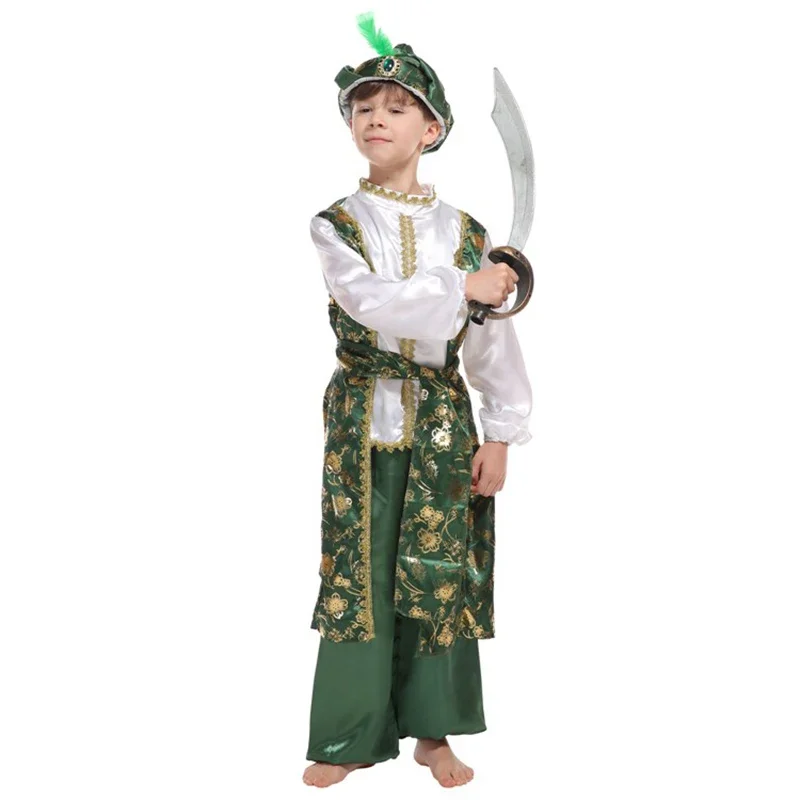 Kids Boys Green Indian Arab Aladdin Prince Cosplay Stage Performance Warrior Masquerade Party Costume