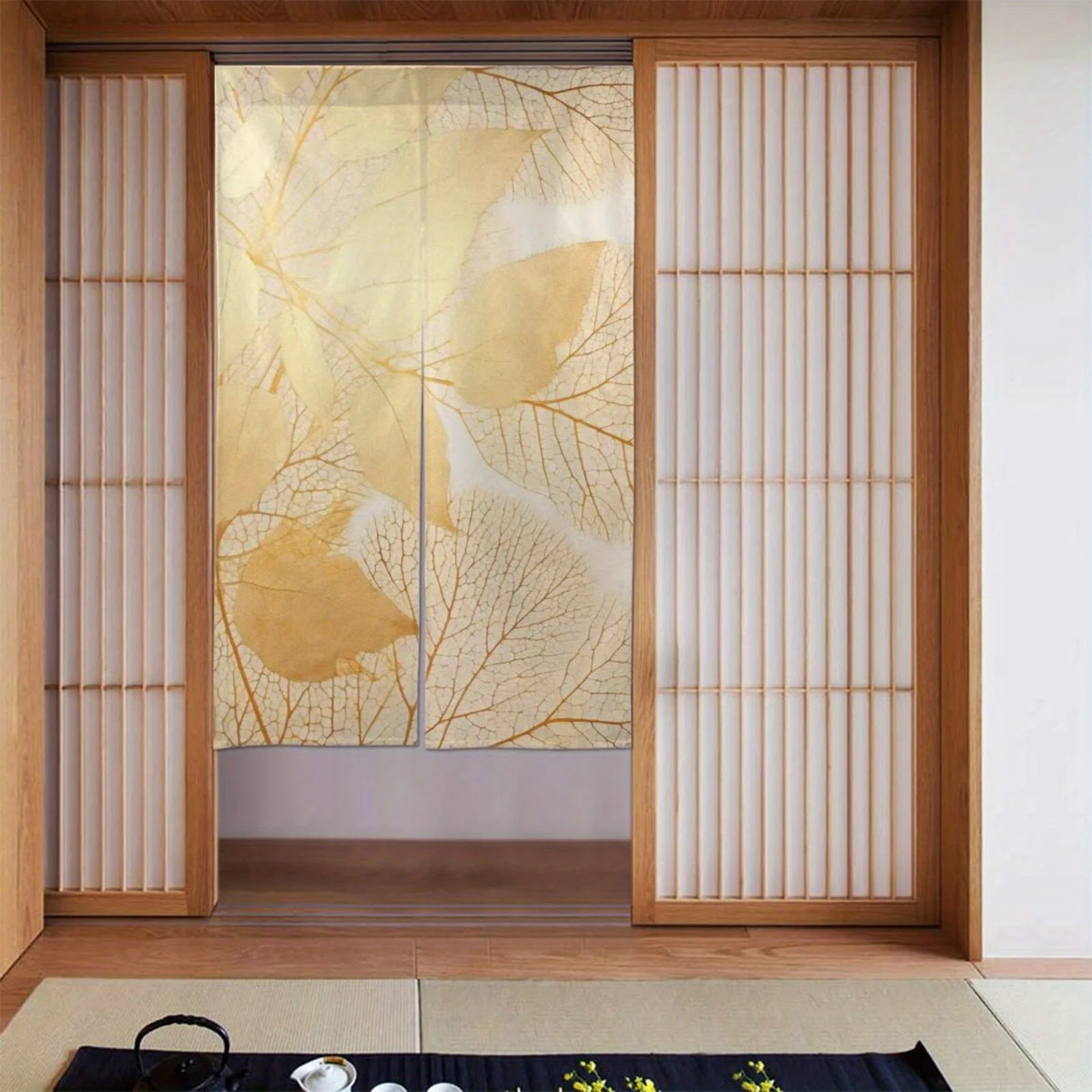 1pc Gold leaf printed door curtain, polyester fabric, machine washable, suitable for restaurant and kitchen decoration