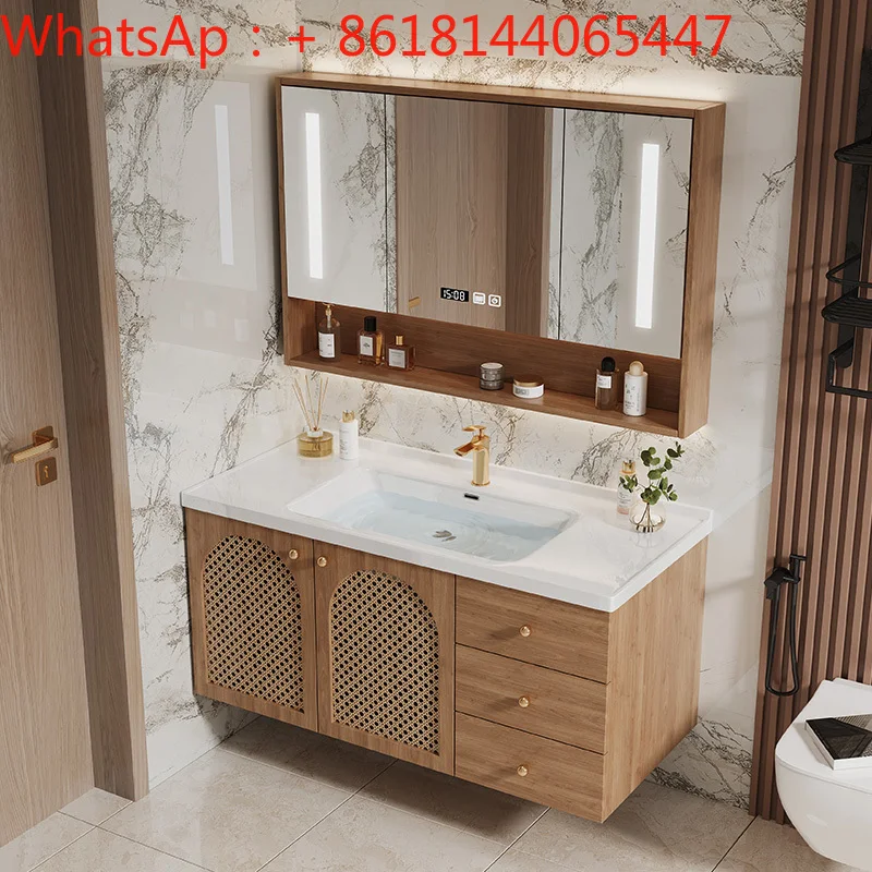 Bathroom Cabinet Rattan Combination Integrated Ceramic Basin Toilet Hand Wash Table Oak Simple Wind