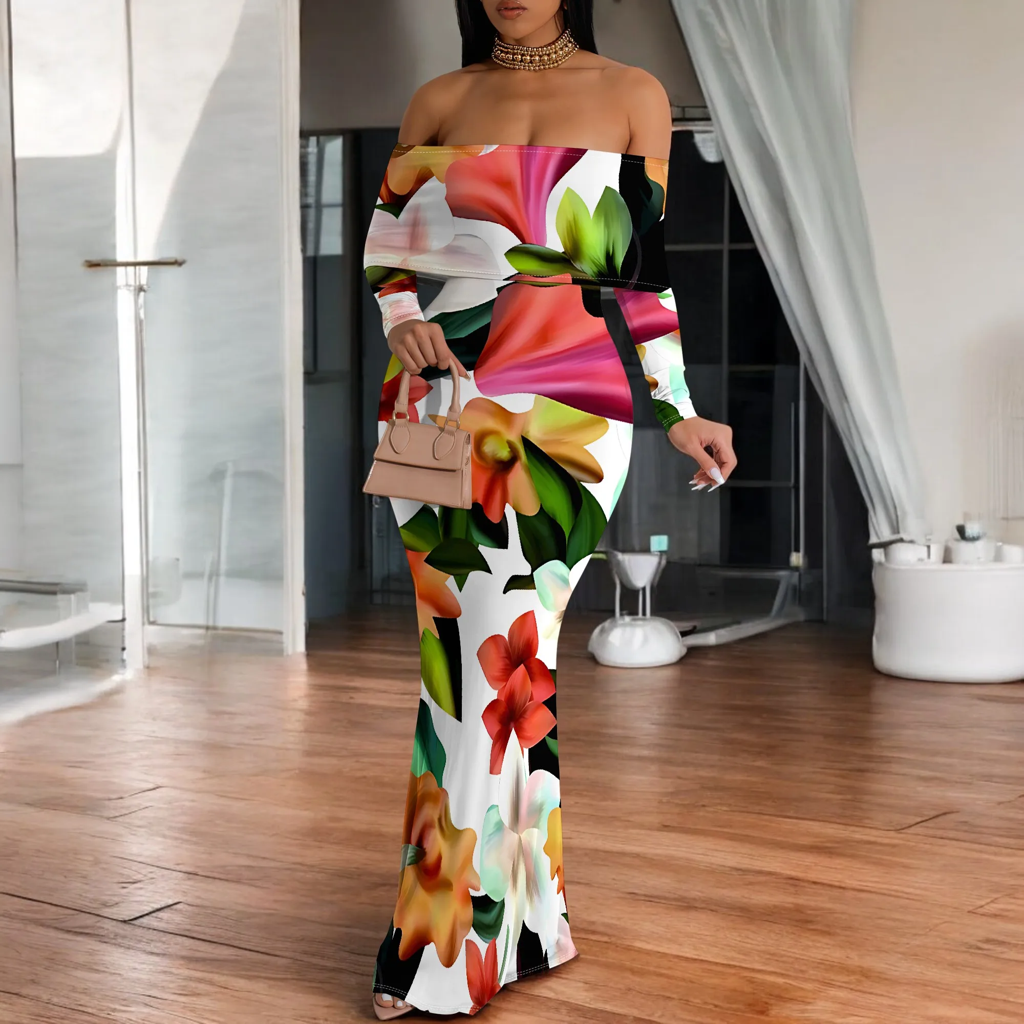 

Women's Tight Hips-Wrapped Geometric Off-Shoulder Ruffle Short Sleeve Dress Vibrant Cultural Party Casual Maxi Dress