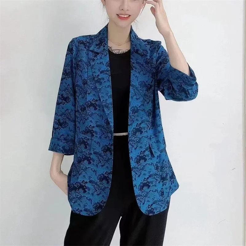 2024 Cardigan Versatile Female Outwear Fashion Jacquard Thin Style Suit Women Top Summer Seven Points Sleeve Blazer Lady Jacket