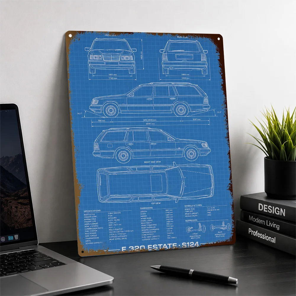 Germany E 320 Estate S124 Technical Blueprint Textured Poster Personalized Aluminum Metal Sign Wall Art For Workshop And Study