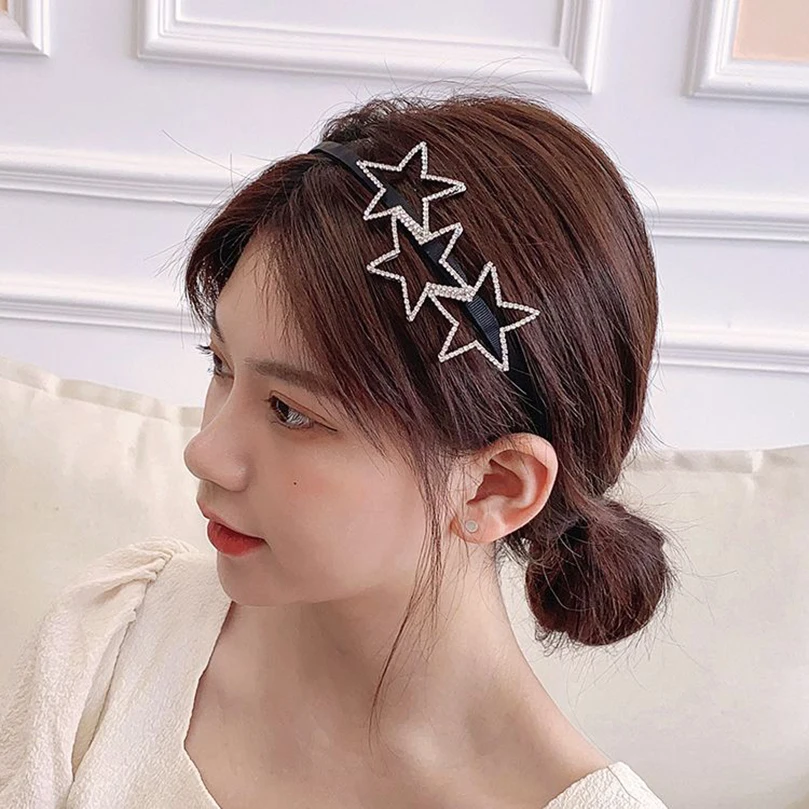 AWAYTR Korean Hollow Pentagram Rhinestone Headband Women\'s All-Match Simple Headband Hair Accessories Fine Black Hair Hoop