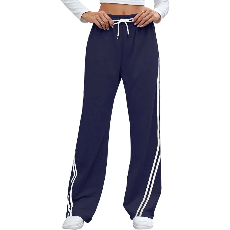 2025 Autumn Striped Patchwork Loose Casual Pants Women High Waist Drawstring Versatile Concise Street Straight Leg Trousers