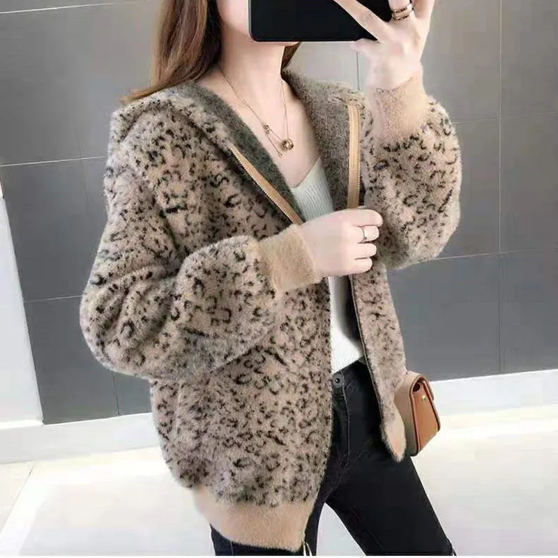 Imitation Mink Hair Autumn Winter Women\'s Coat Leopard Print Knitting Cardigan Hooded Short Loose Add Thick Female Outerwear