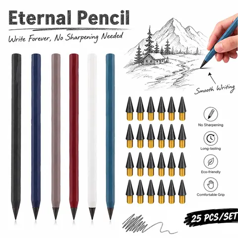 25Pcs/set Creative Metal Pencil New Technology Unlimited Writing Eternal Pen Magic Pencils Set-School Sketching Writing Supplies
