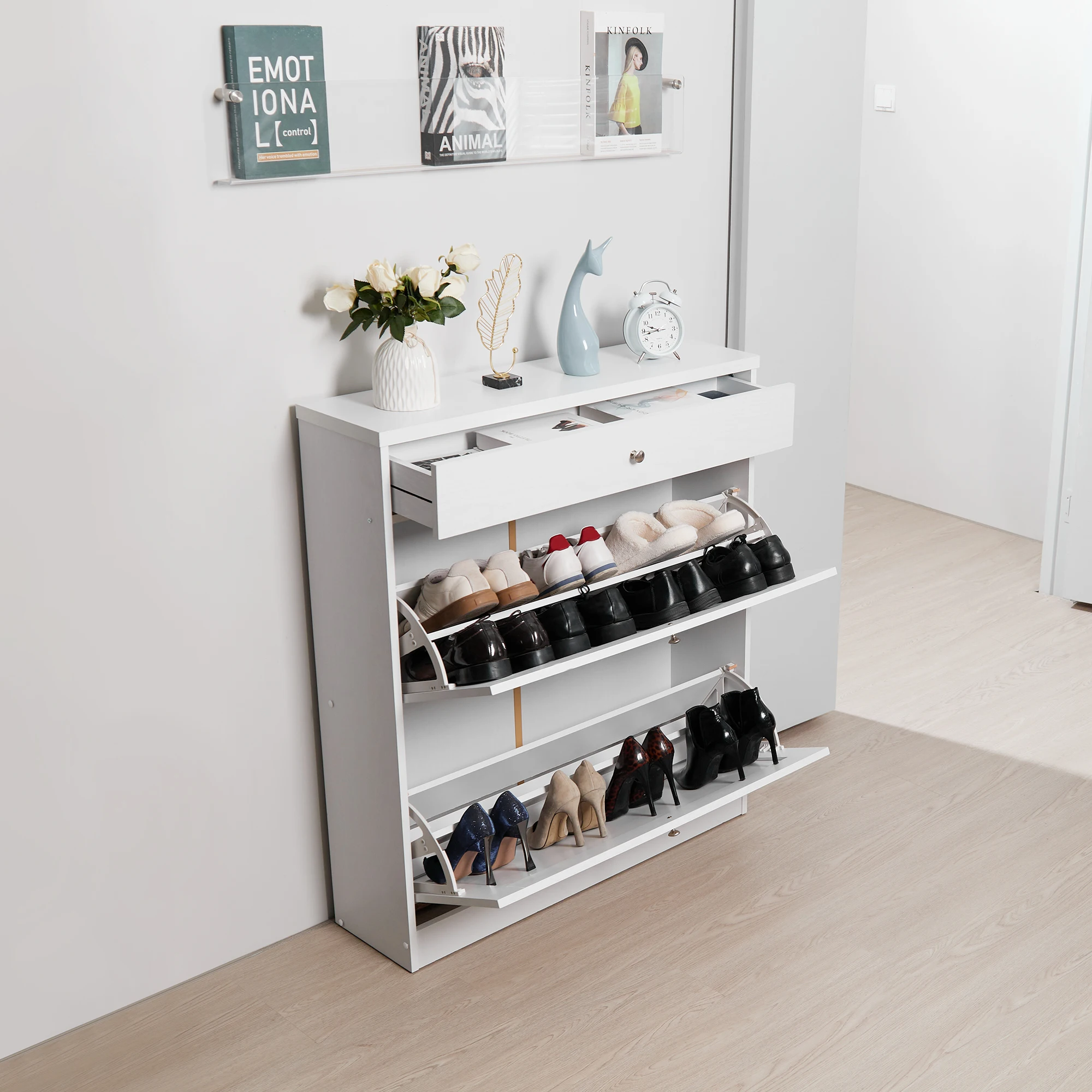 Shoe Cabinet with 2 Flip Drawer - Slim White Shoe Storage Cabinet With Metal Flip Frame - Adjustable or Removable Hidden Shoe Ra