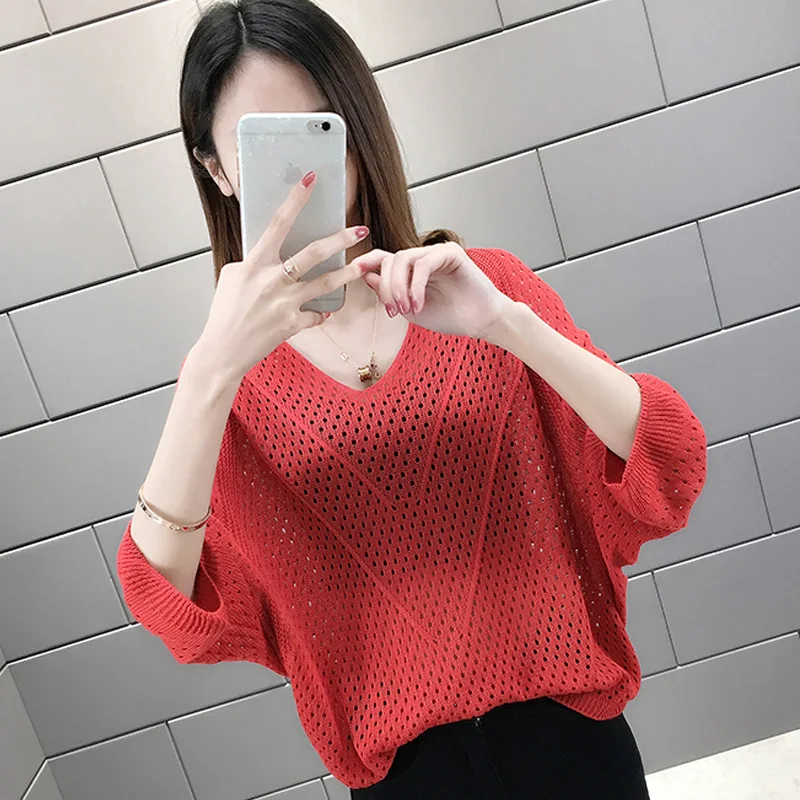 V-Neck Batwing Sleeve T-Shirt Loose Fit Short Style Hollow out Knitted Summer Women's Top Korean Style Commute Fashion