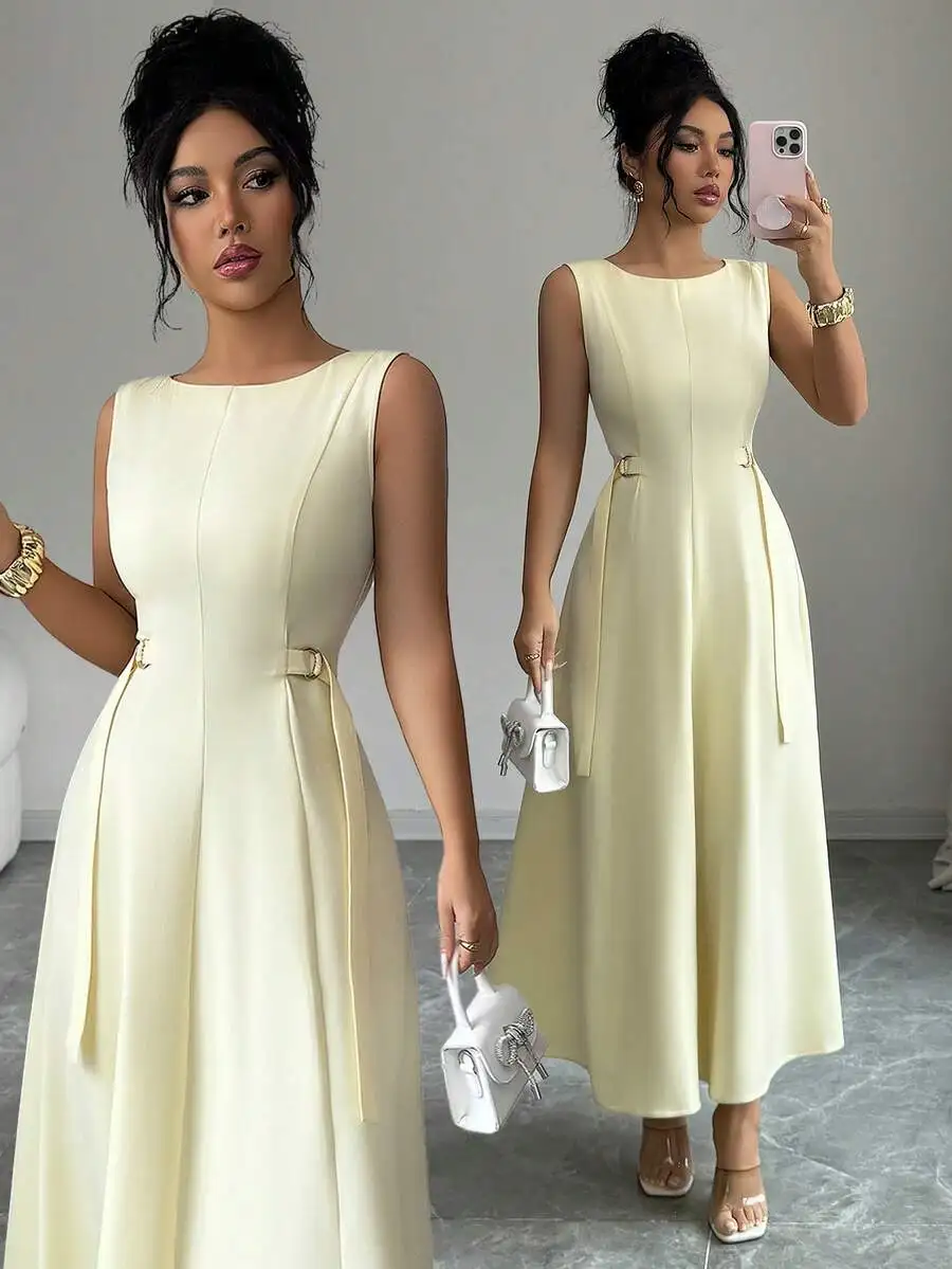 Elegant Sleeveless Boat Neck Dress With Waist Belt Adjustable D-Ring Buckle Vintage French Style For Office Casual Formal Beach
